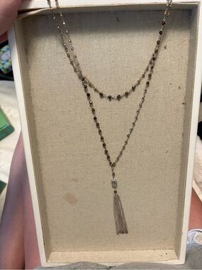 Stella & Dot Silver Necklace with Brown Beads and Tassel